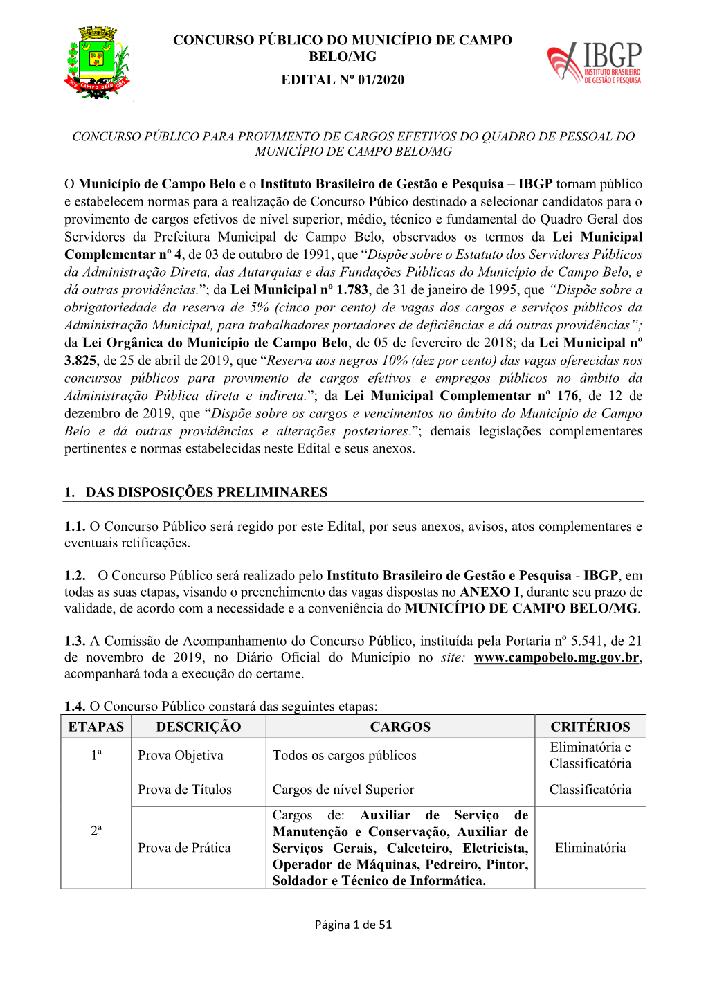 Concurso Público Do Município De Campo Belo/Mg Edital Nº 01/2020