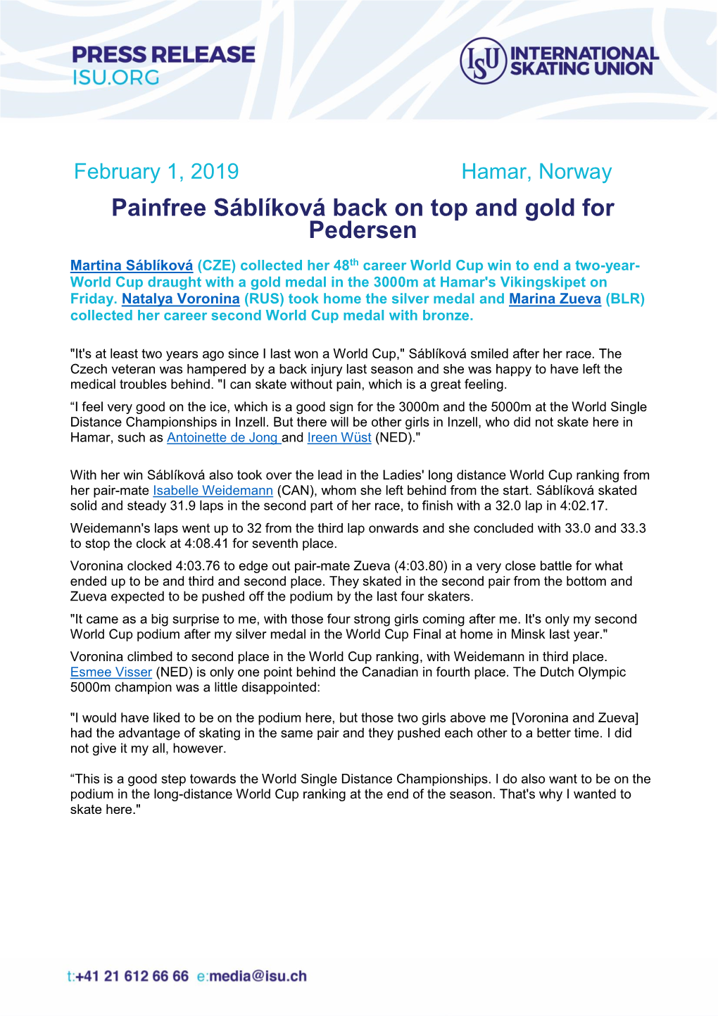 Painfree Sáblíková Back on Top and Gold for Pedersen