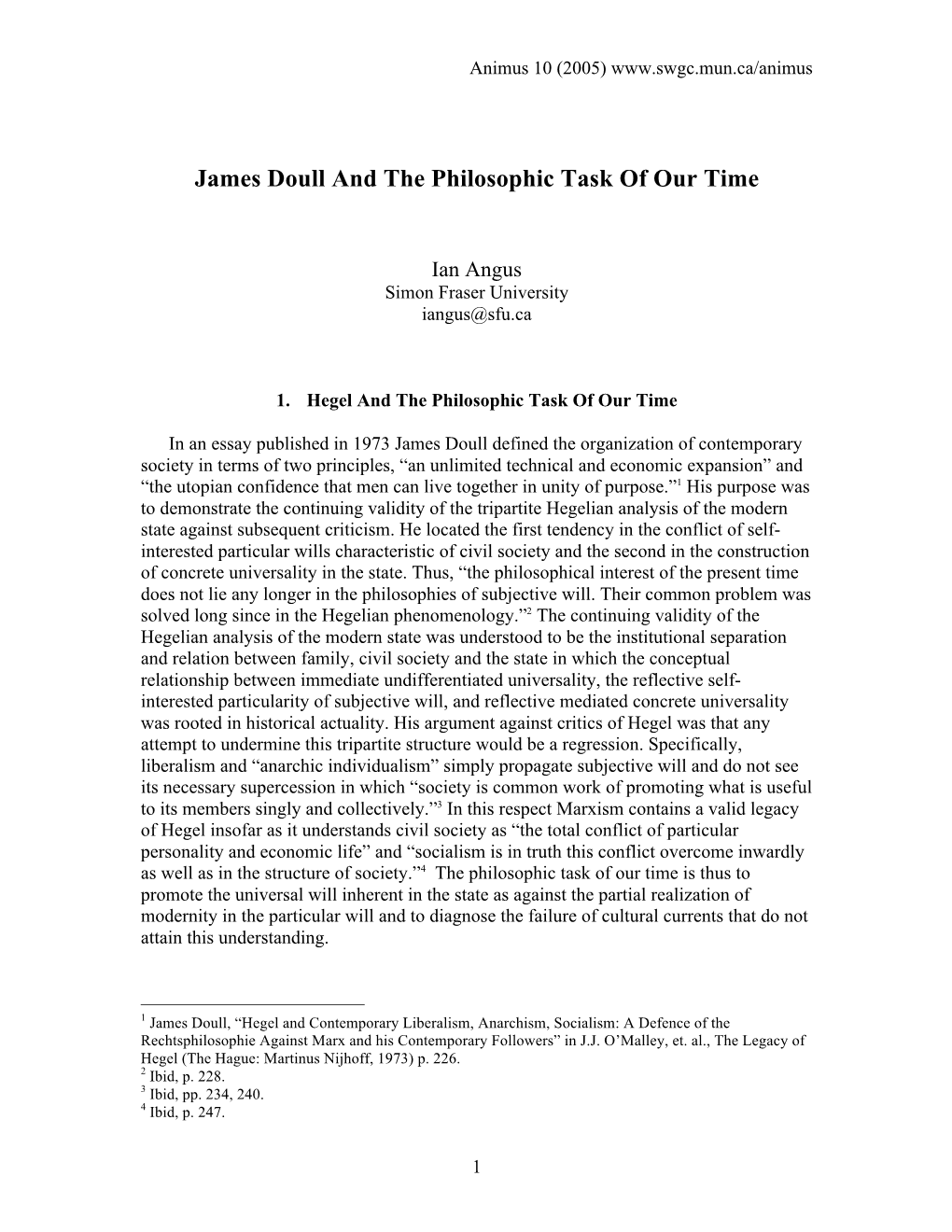 Ian Angus, James Doull and the Philosophic Task of Our Time