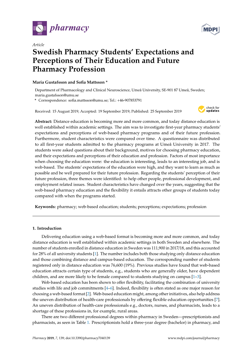 Swedish Pharmacy Students' Expectations and Perceptions Of