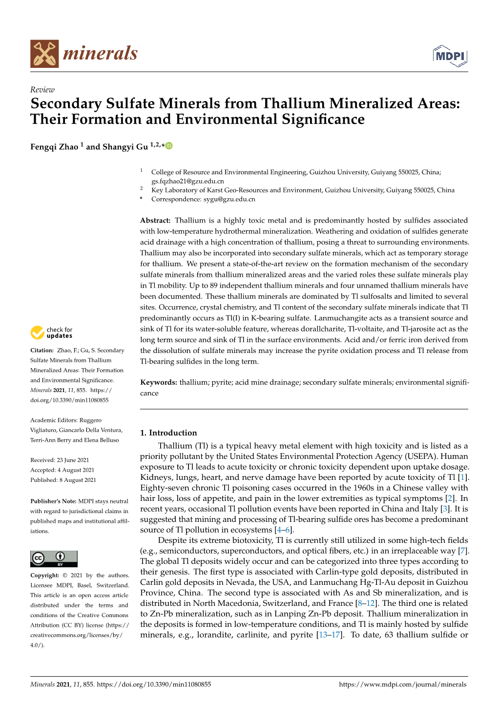 Secondary Sulfate Minerals from Thallium Mineralized Areas: Their Formation and Environmental Signiﬁcance