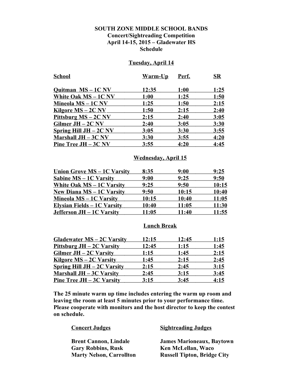 South Zone Middle School Bands