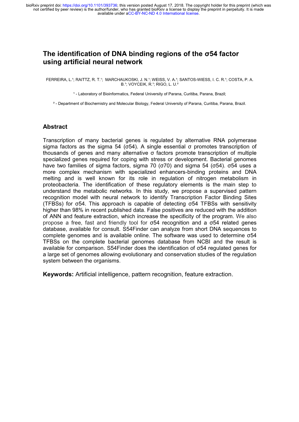 The Identification of DNA Binding Regions of the Σ54 Factor Using Artificial Neural Network