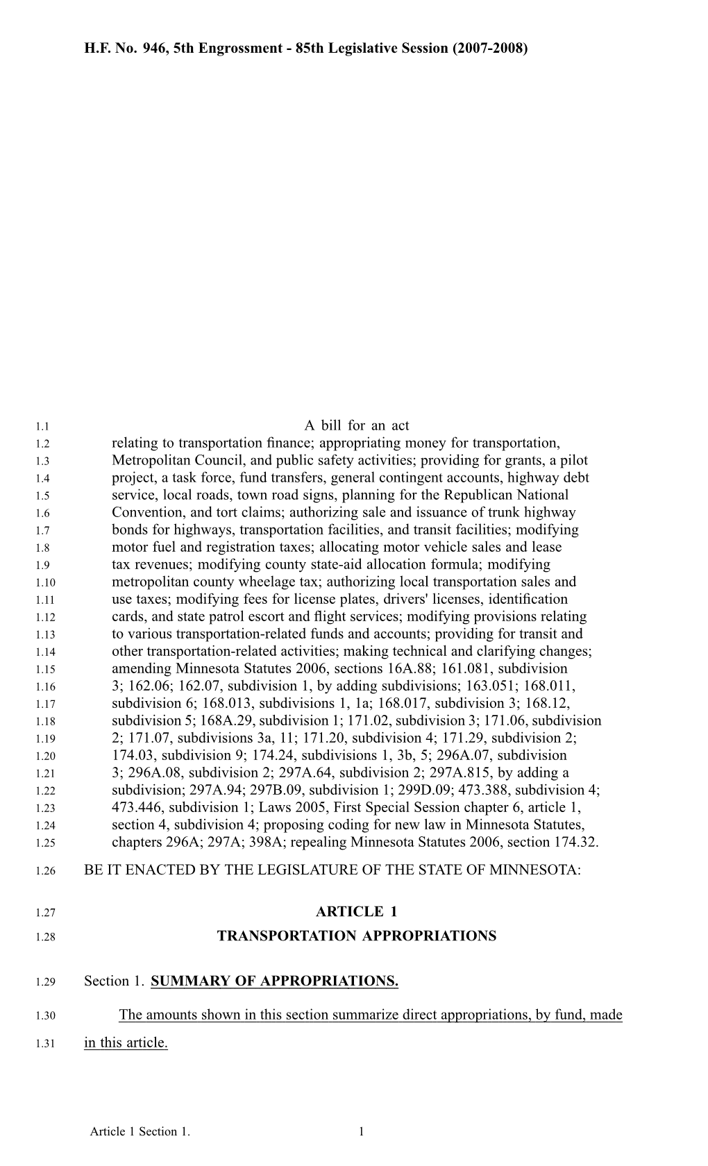 HF No. 946, 5Th Engrossment 85Th Legislative Session