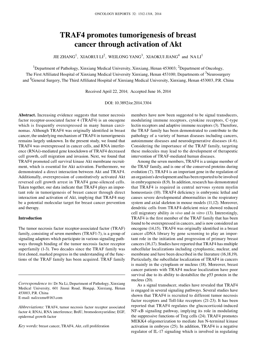 TRAF4 Promotes Tumorigenesis of Breast Cancer Through Activation of Akt