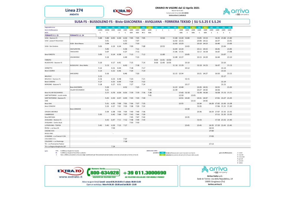 Linea 274 Edizione Aprile 2021 Contact Center Arriva Italia 035 289000 ANDATA Torino.Arriva.It | Extrato.It