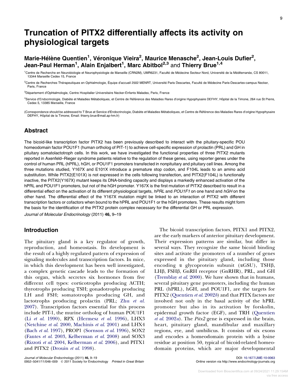 Downloaded from Bioscientifica.Com at 09/24/2021 11:29:15AM Via Free Access 10 M-H QUENTIEN and Others