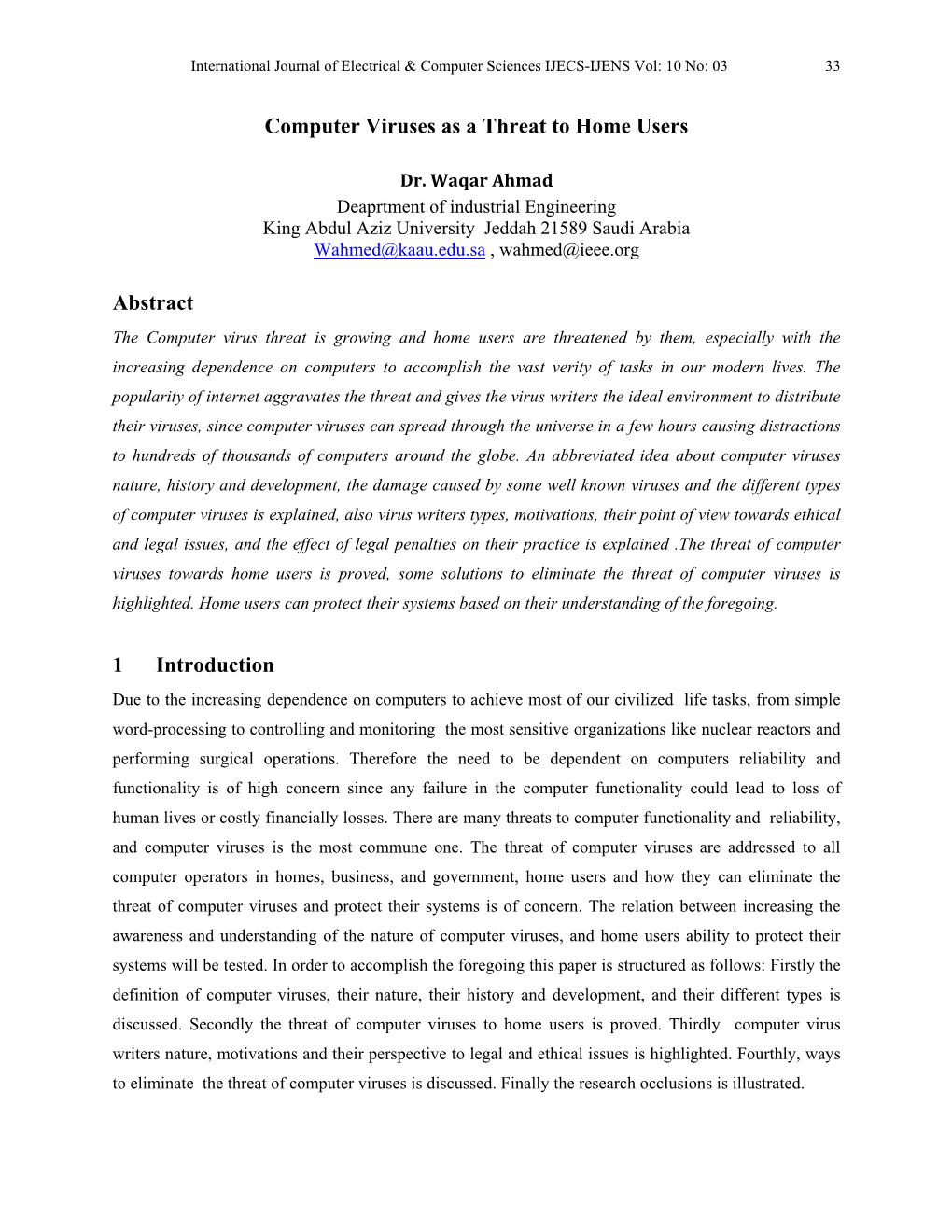 Computer Viruses As a Threat to Home Users Abstract 1 Introduction