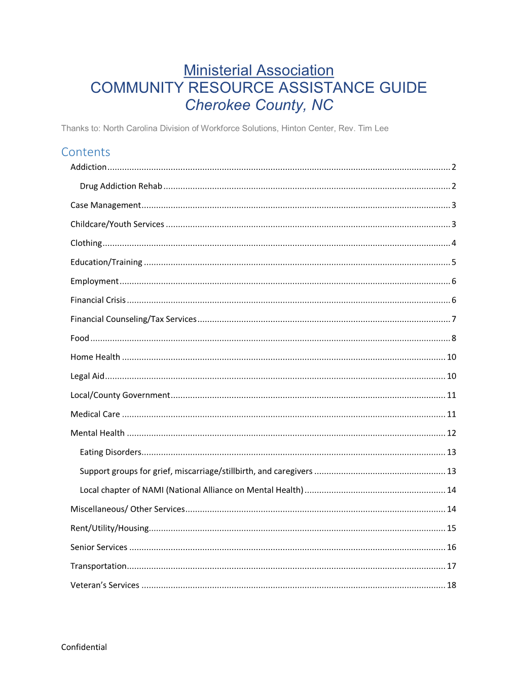 Ministerial Association COMMUNITY RESOURCE ASSISTANCE GUIDE Cherokee County, NC