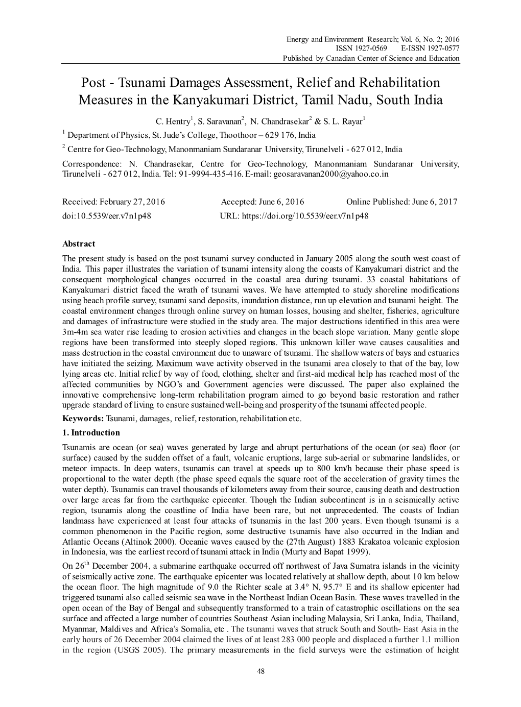 Tsunami Damages Assessment, Relief and Rehabilitation Measures in the Kanyakumari District, Tamil Nadu, South India