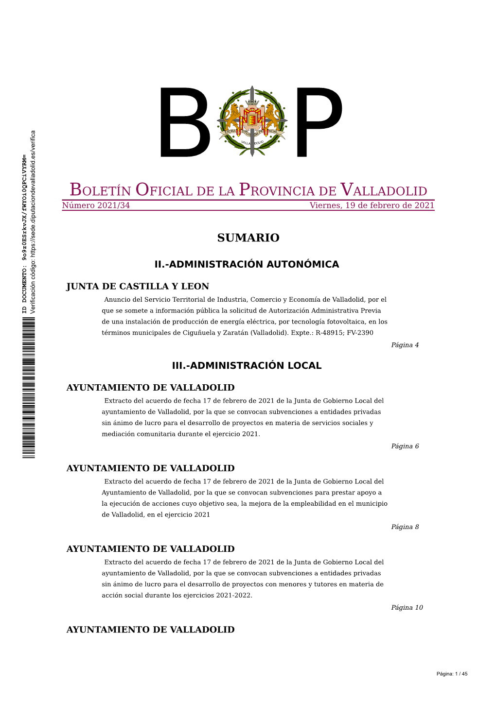 BOLETÍN OFICIAL DE LA PROVINCIA DE VALLADOLID Número 2021/34 Viernes, 19 De Febrero De 2021