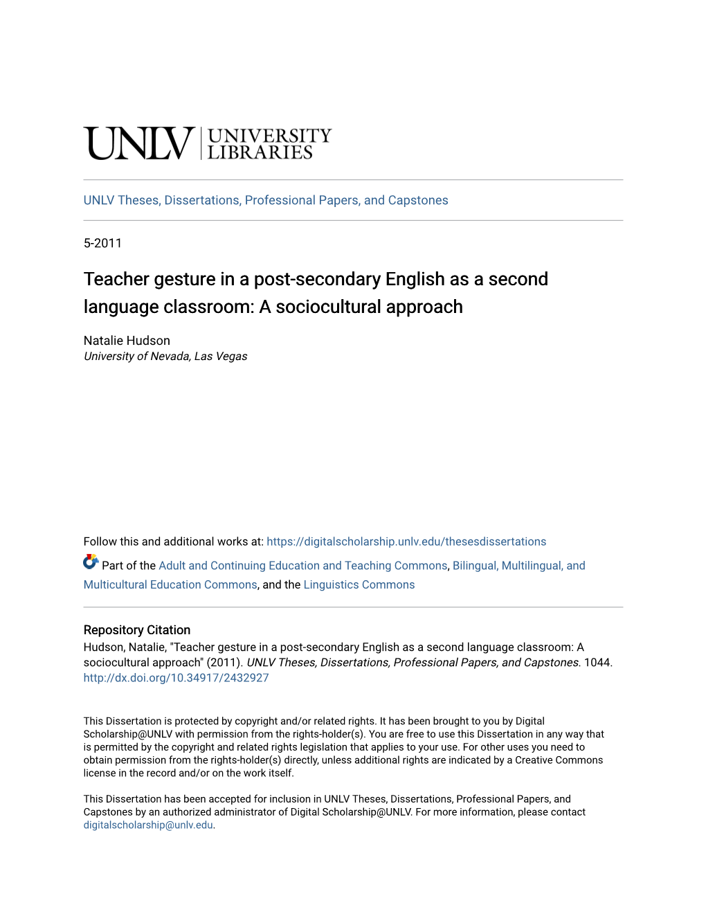 Teacher Gesture in a Post-Secondary English As a Second Language Classroom: a Sociocultural Approach