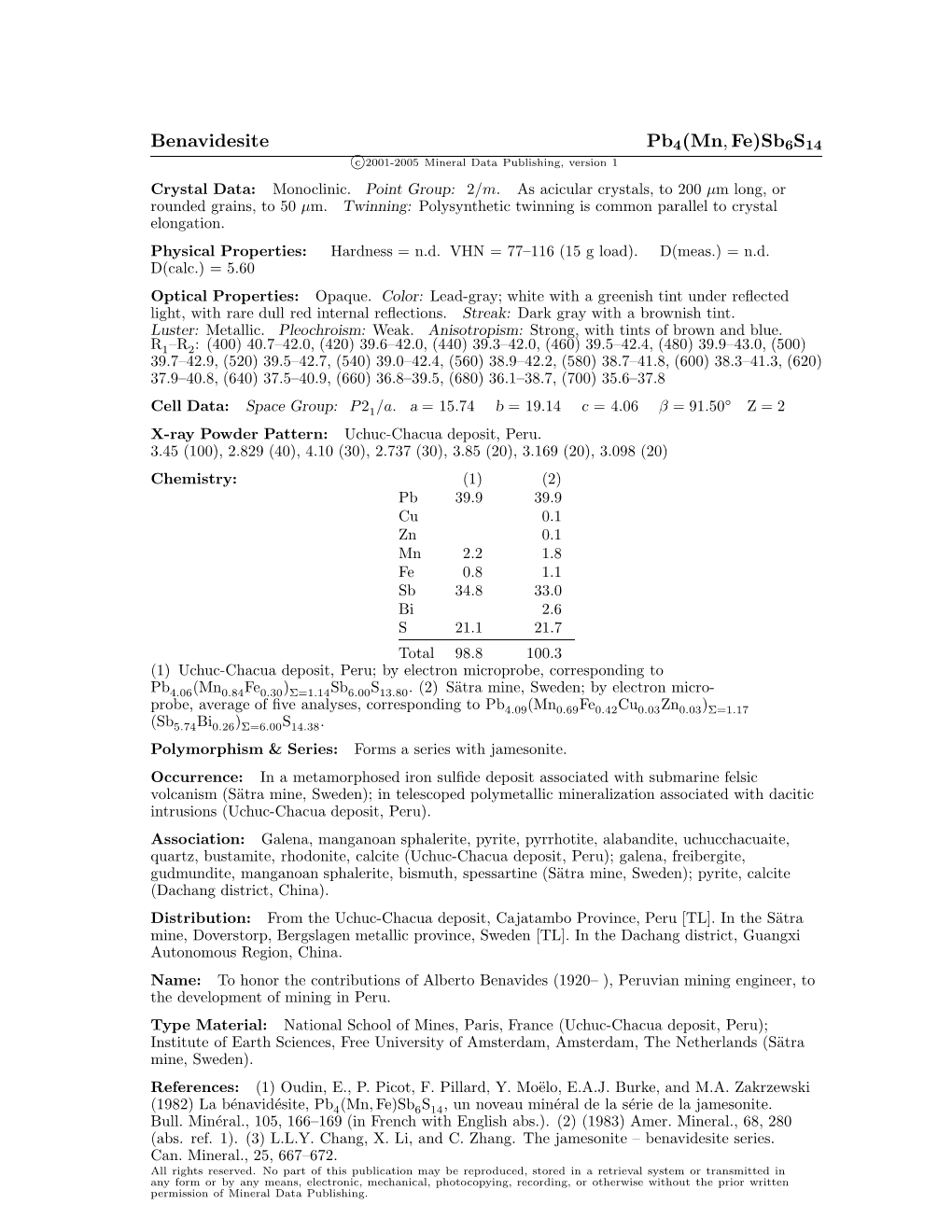 Benavidesite Pb4(Mn, Fe)Sb6s14 C 2001-2005 Mineral Data Publishing, Version 1 Crystal Data: Monoclinic