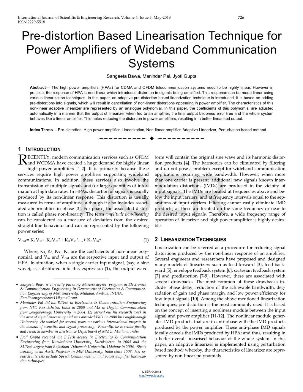 Pre-Distortion Based Linearisation Technique for Power Amplifiers of Wideband Communication Systems Sangeeta Bawa, Maninder Pal, Jyoti Gupta