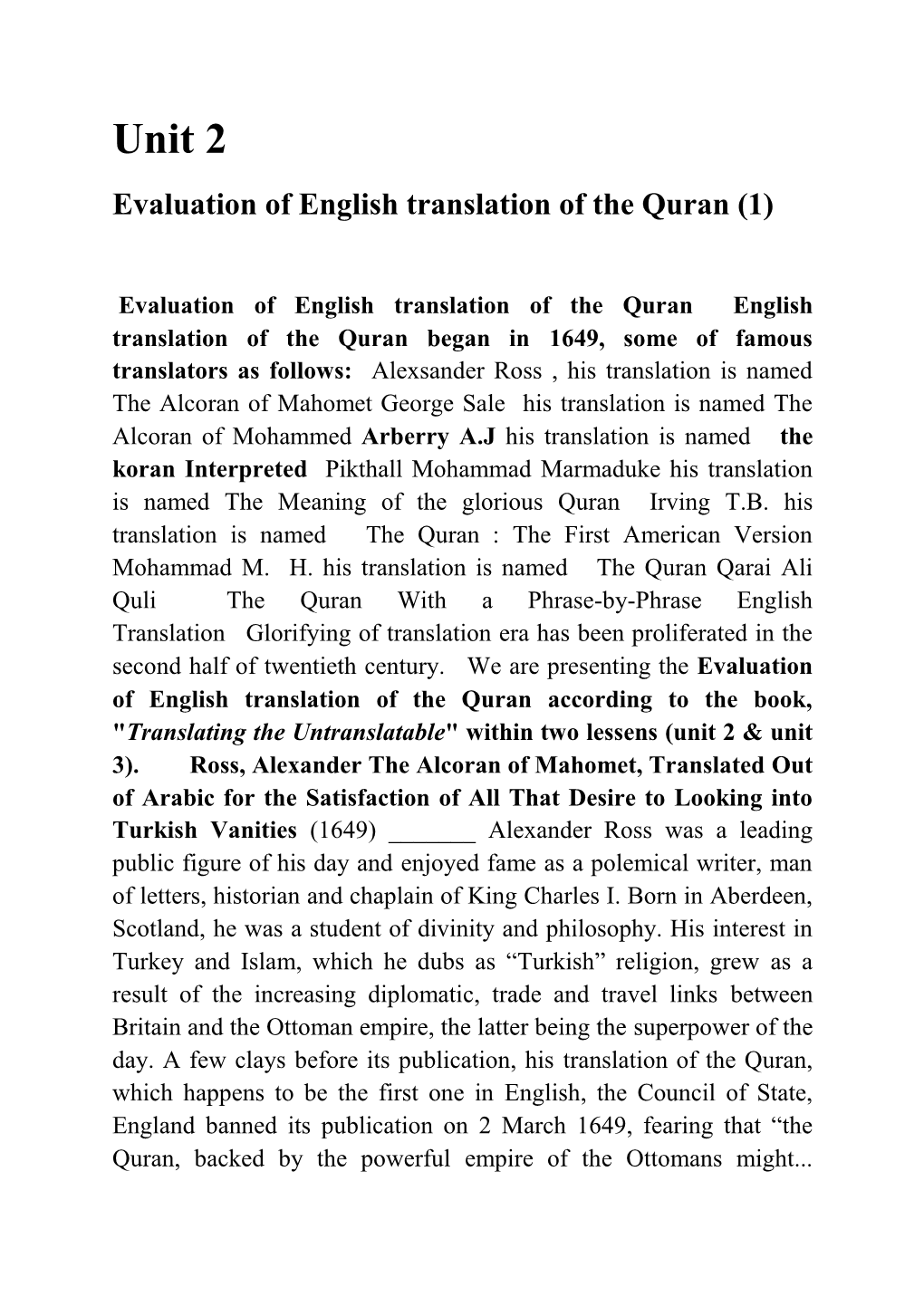 Unit 2 Evaluation of English Translation of the Quran