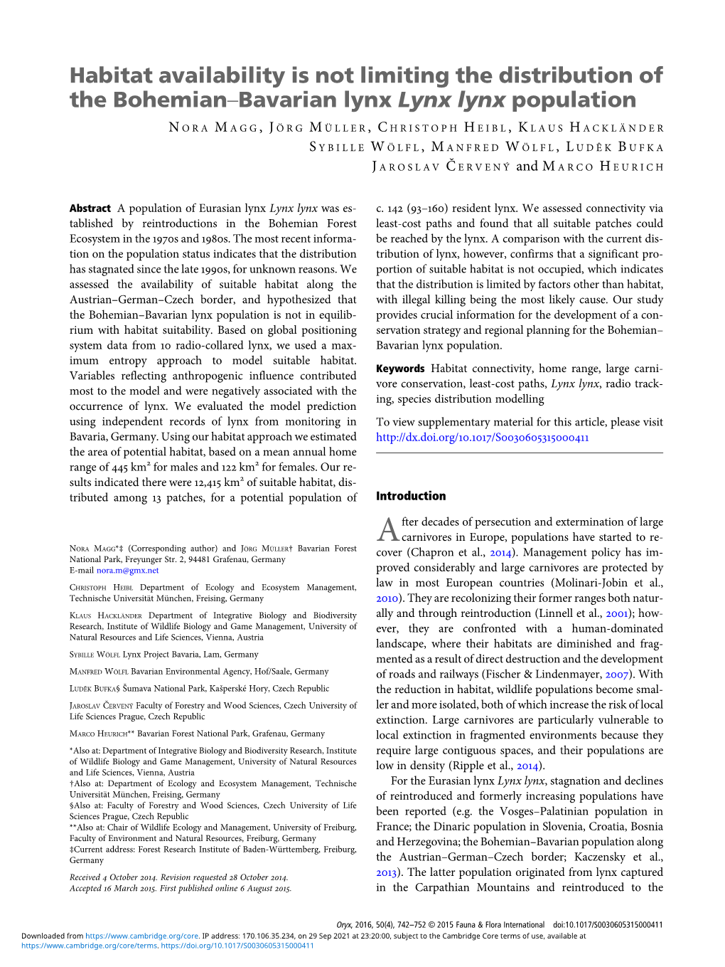 Habitat Availability Is Not Limiting the Distribution of the Bohemian–Bavarian Lynx Lynx Lynx Population