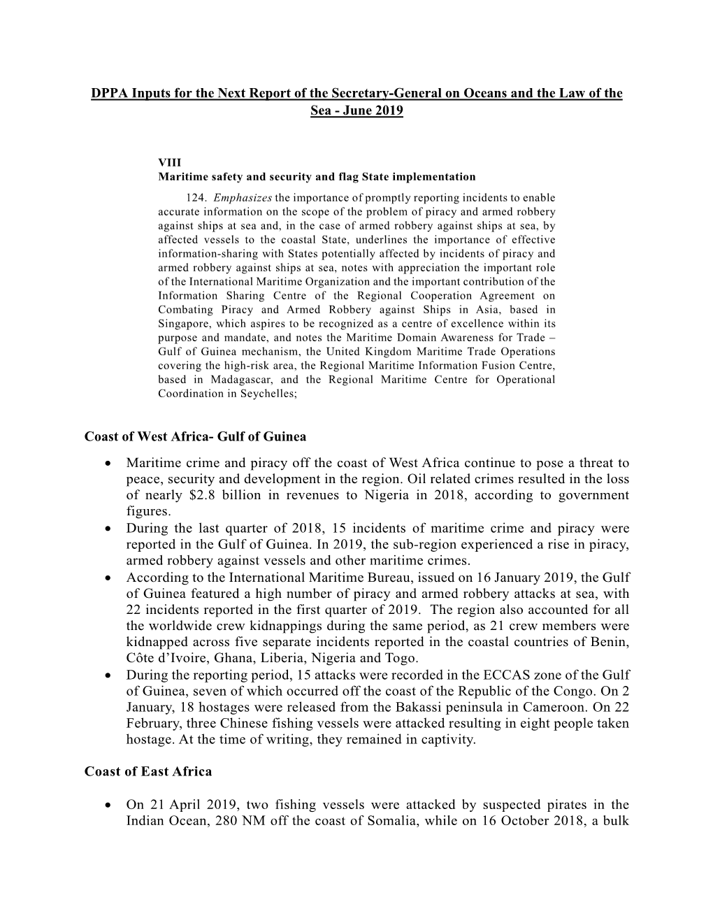 DPPA Inputs for the Next Report of the Secretary-General on Oceans and the Law of the Sea - June 2019