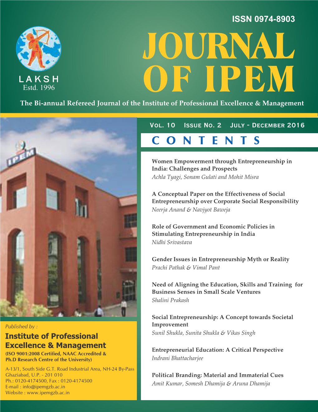 JOURNAL of IPEM Vol 10 , Issue No. 2, July December 2016