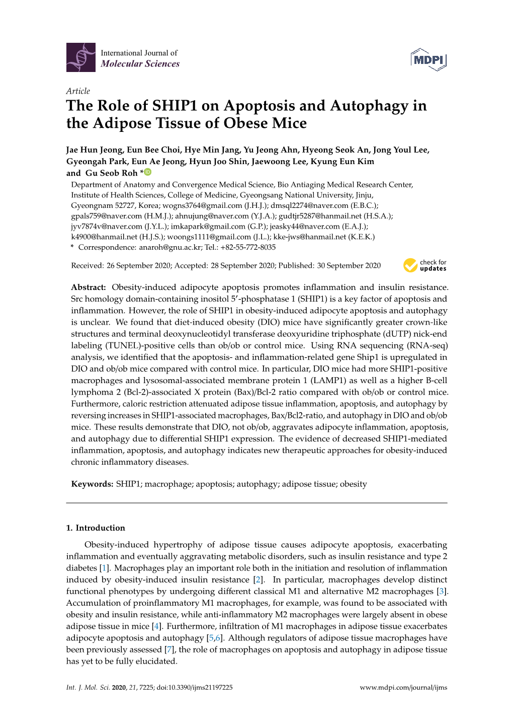 The Role of SHIP1 on Apoptosis and Autophagy in the Adipose Tissue of Obese Mice