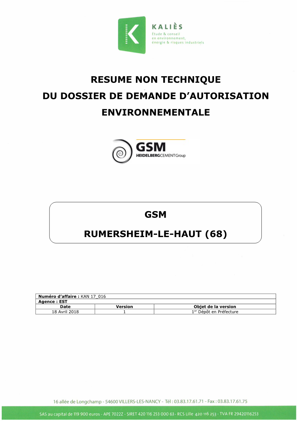 Resume Non Technique Du Dossier De Demande D’Autorisation Environnementale