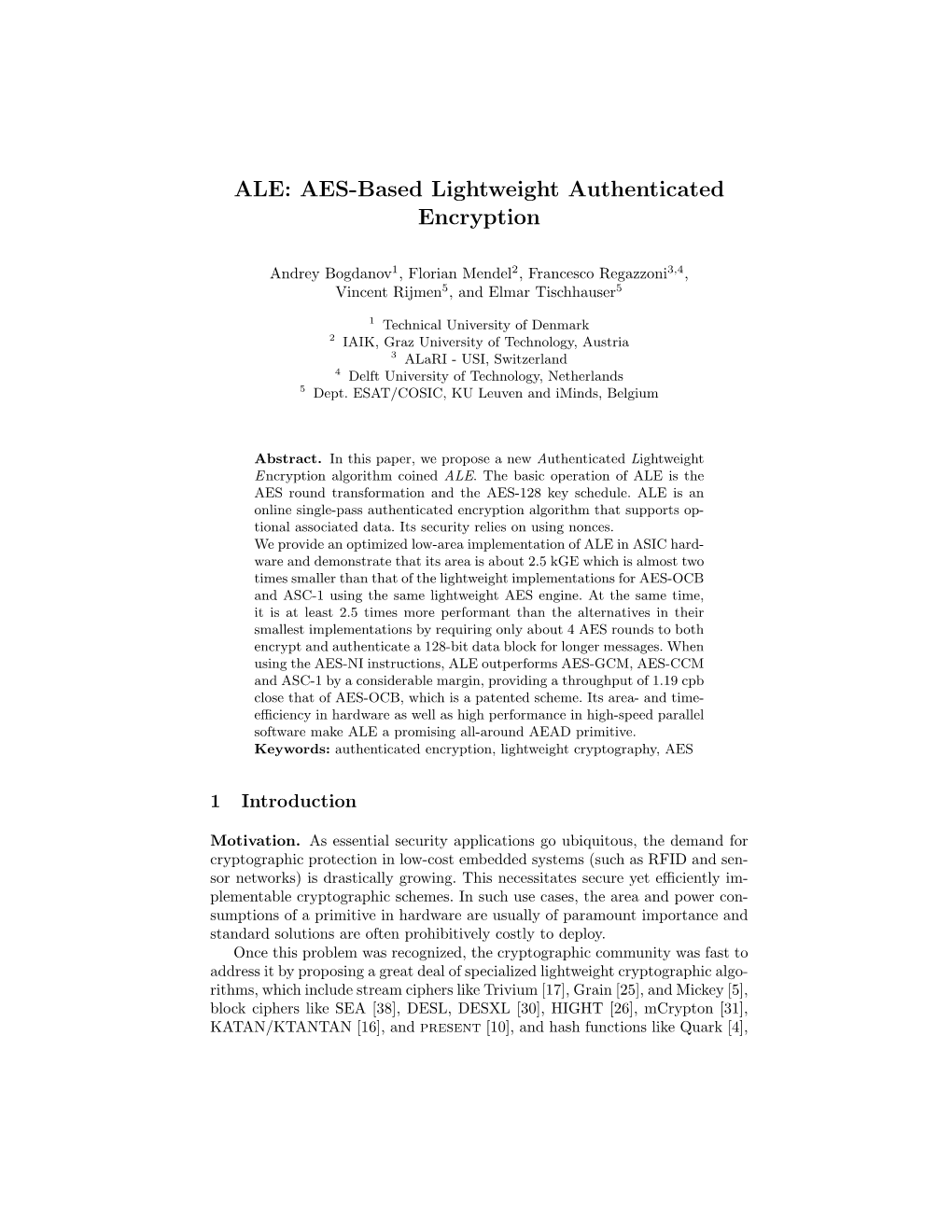 ALE: AES-Based Lightweight Authenticated Encryption