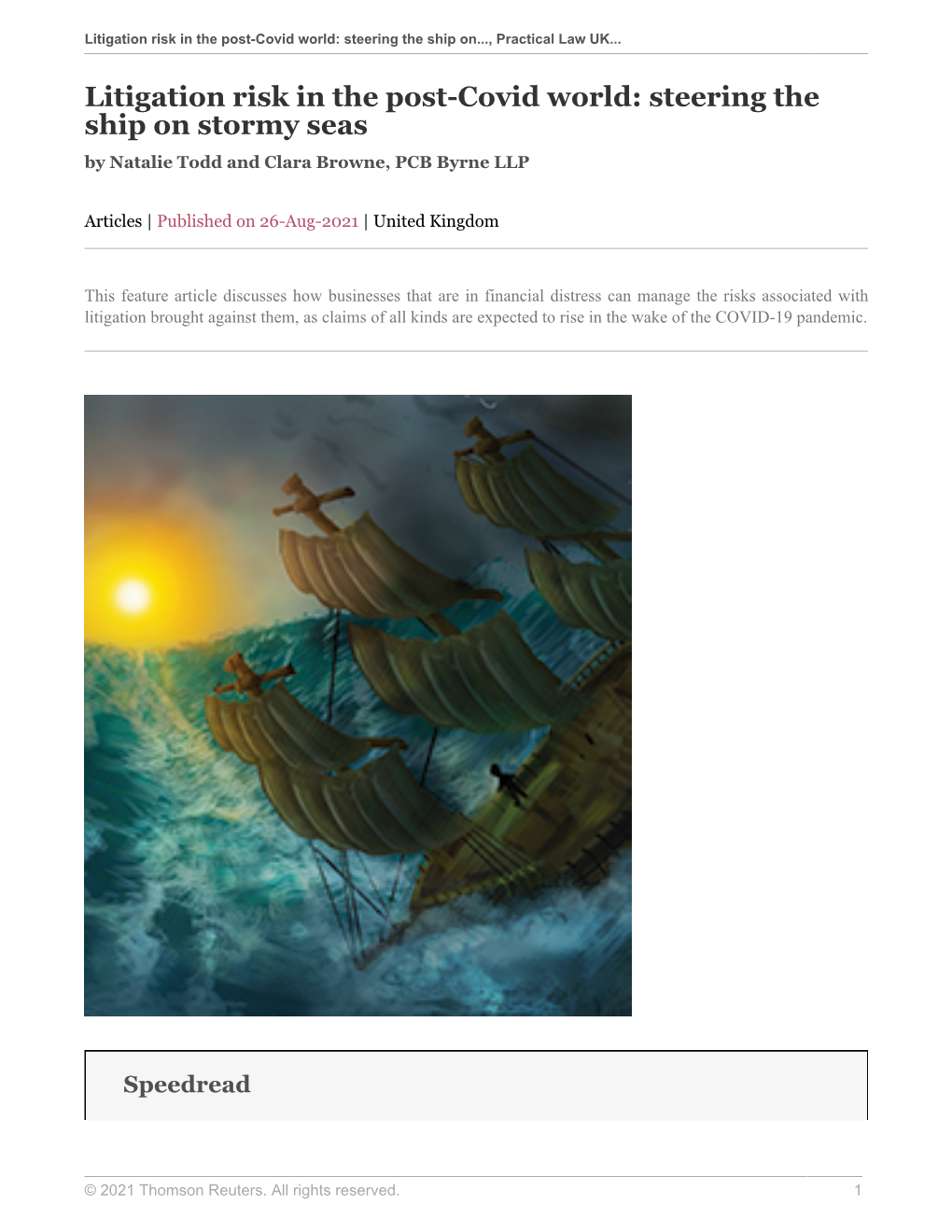 Litigation Risk in the Post-Covid World: Steering the Ship on Stormy Seas by Natalie Todd and Clara Browne, PCB Byrne LLP