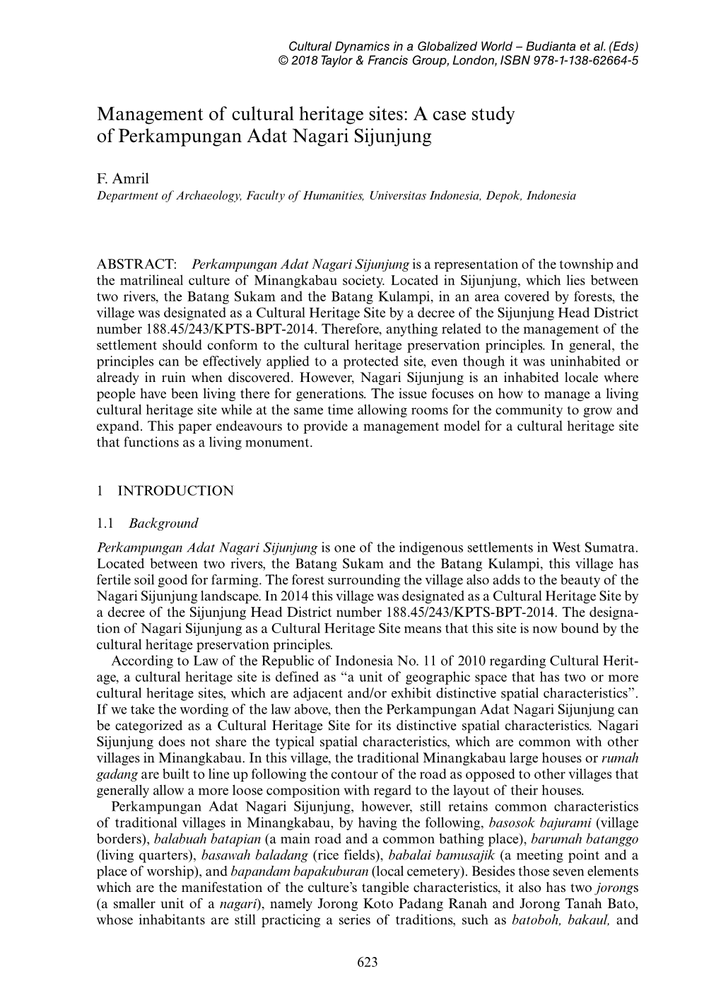 Management of Cultural Heritage Sites: a Case Study of Perkampungan Adat Nagari Sijunjung