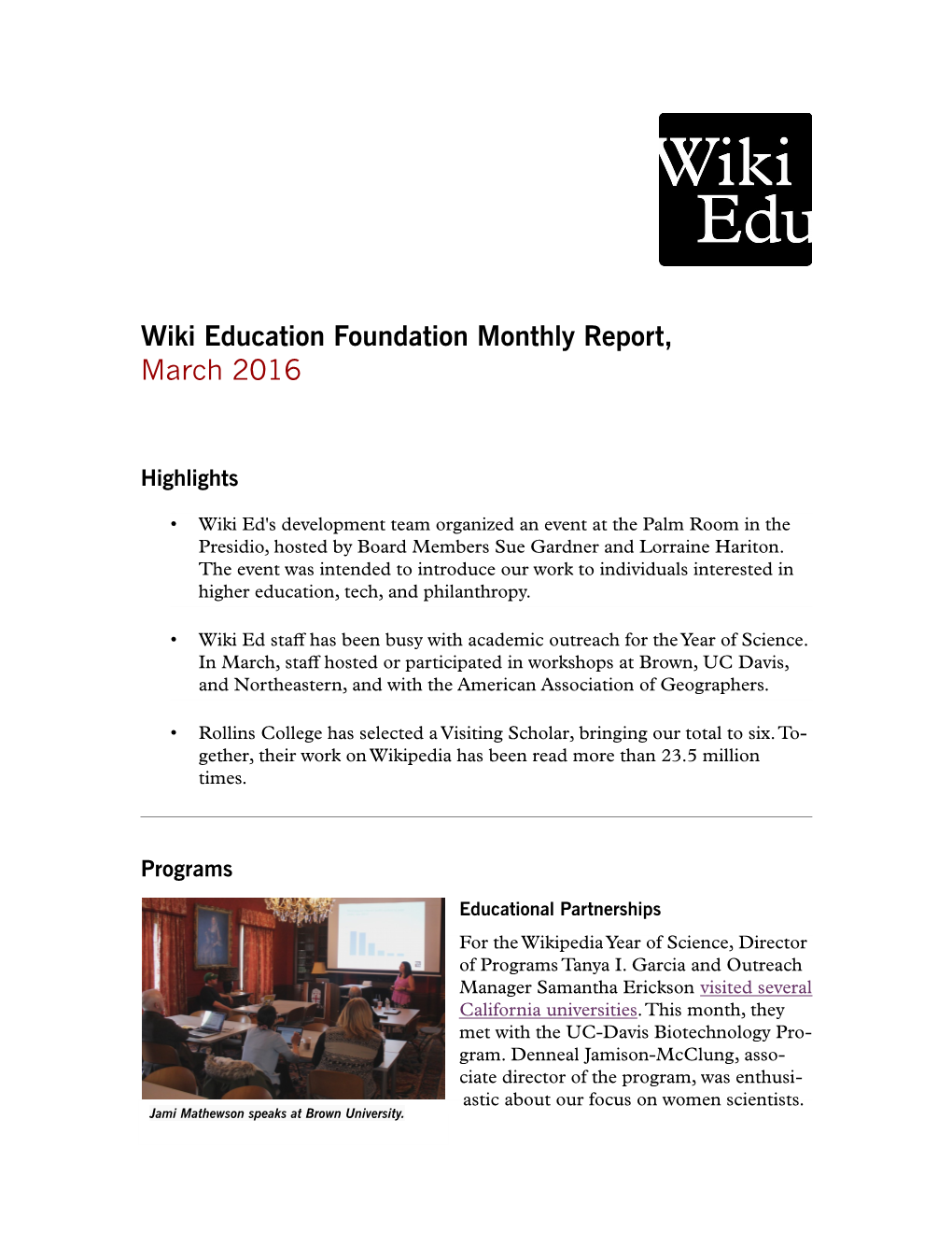 Wiki Education Foundation Monthly Report, March 2016