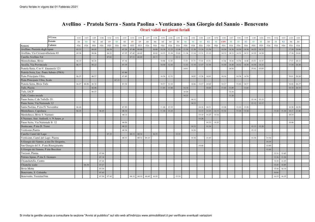 Avellino - Pratola Serra - Santa Paolina - Venticano - San Giorgio Del Sannio - Benevento Orari Validi Nei Giorni Feriali