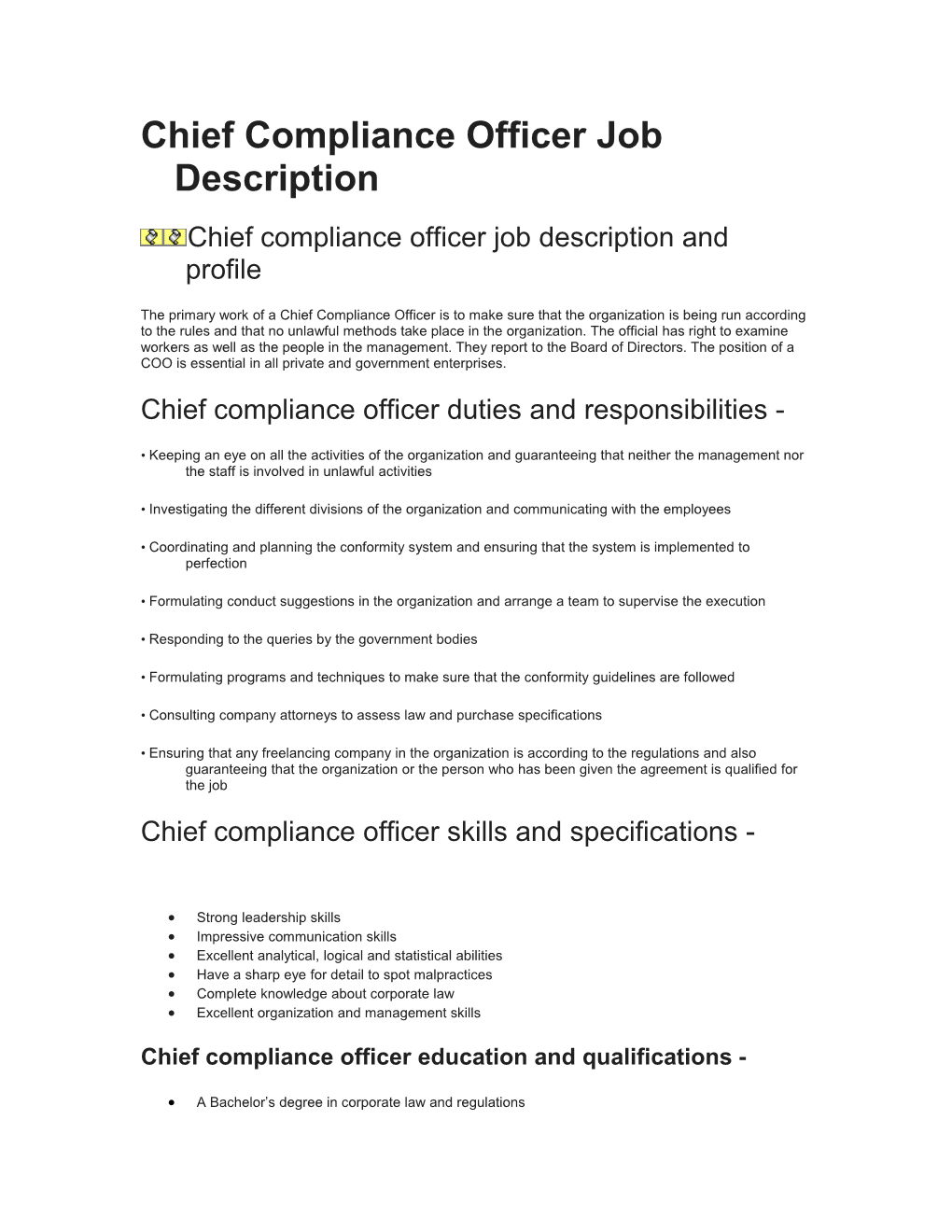 Chief Compliance Officer Job Description