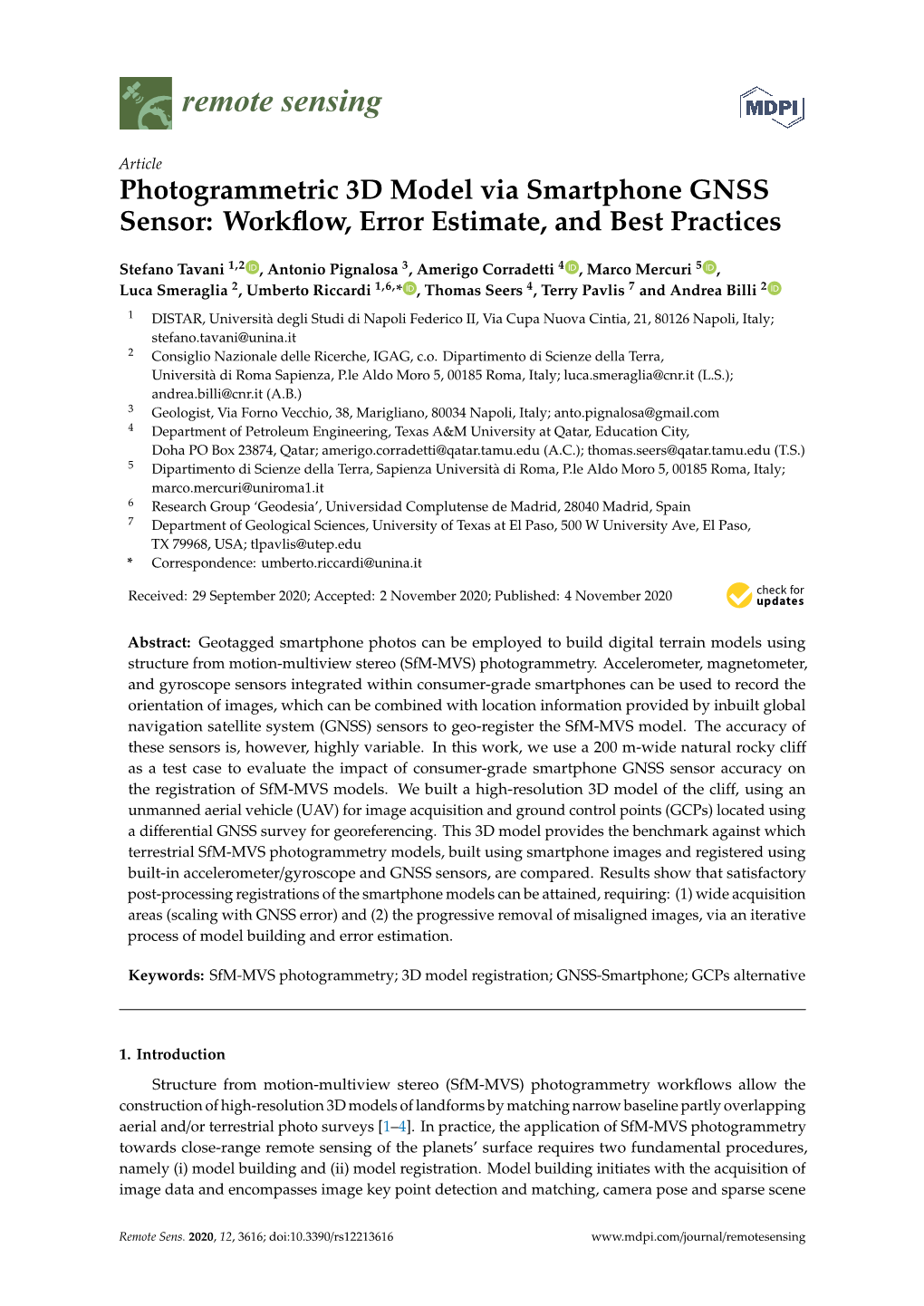 Photogrammetric 3D Model Via Smartphone GNSS Sensor: Workﬂow, Error Estimate, and Best Practices