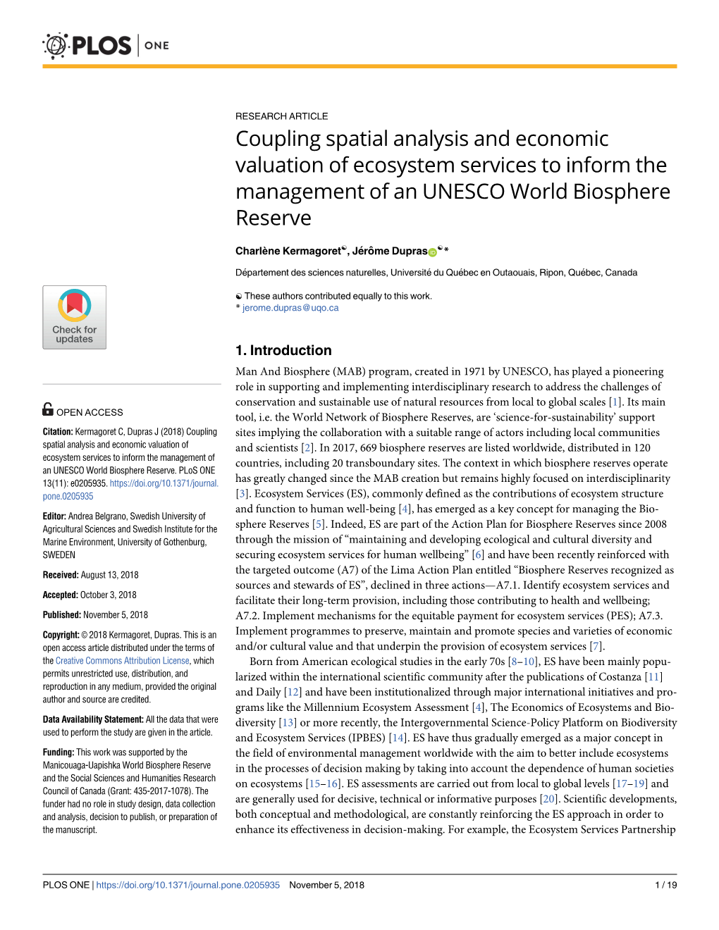 Coupling Spatial Analysis and Economic Valuation of Ecosystem Services to Inform the Management of an UNESCO World Biosphere Reserve
