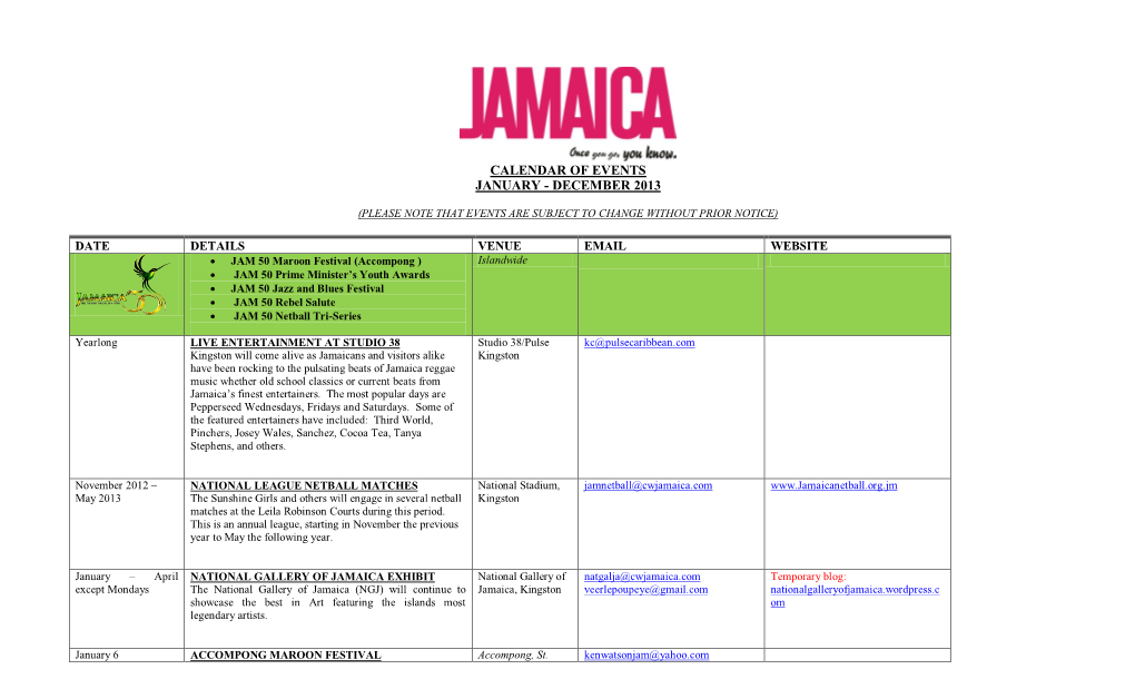 Calendar of Events January - December 2013