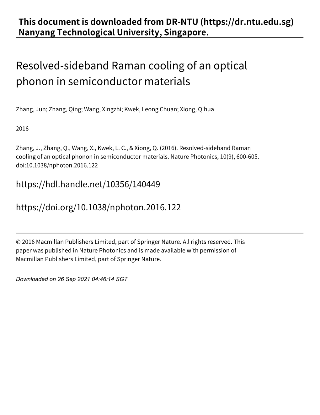 Resolved‑Sideband Raman Cooling of an Optical Phonon in Semiconductor Materials