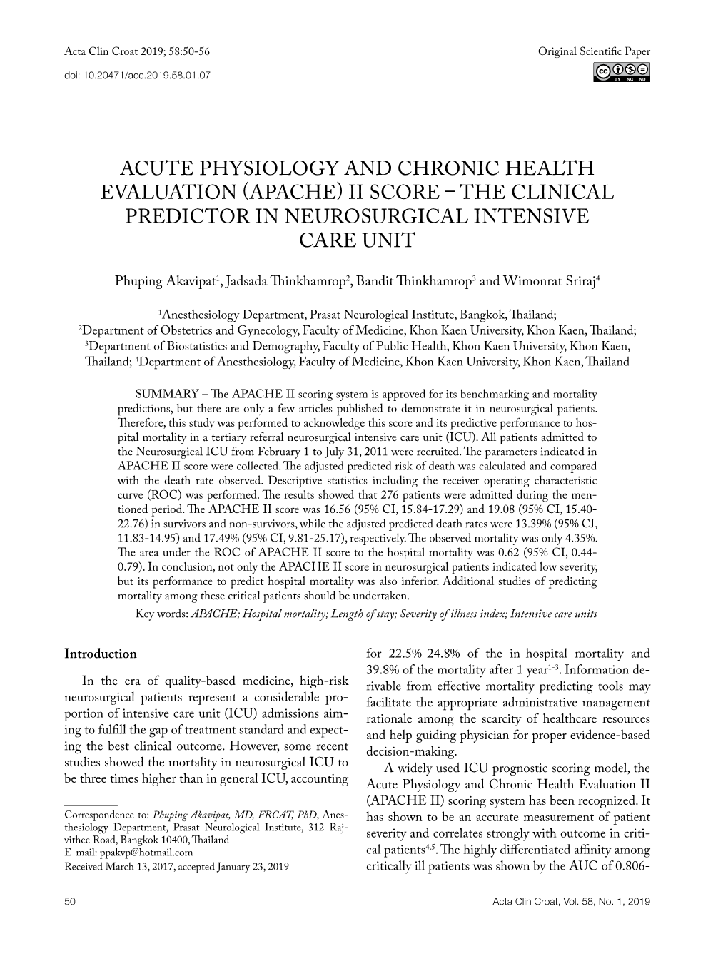 (Apache) Ii Score – the Clinical Predictor in Neurosurgical Intensive Care Unit