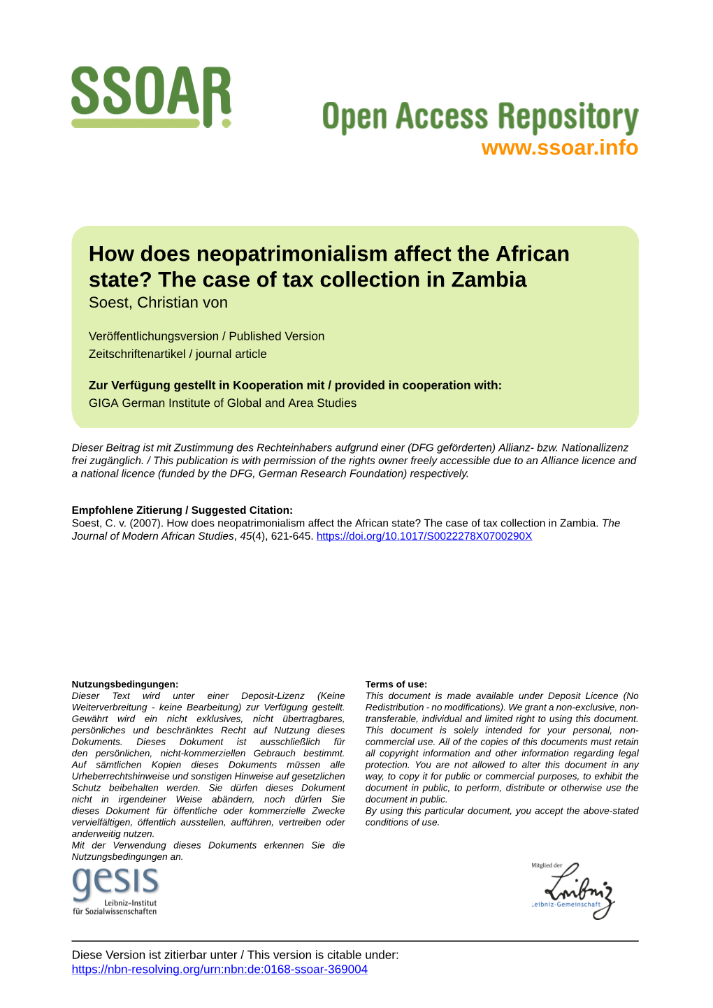 How Does Neopatrimonialism Affect the African State? the Case of Tax Collection in Zambia Soest, Christian Von