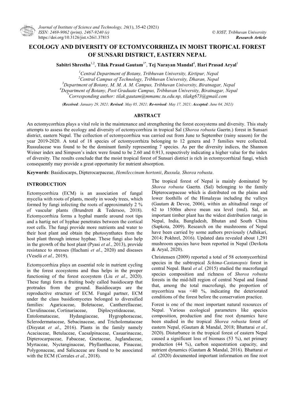 Ecology and Diversity of Ectomycorrhiza in Moist