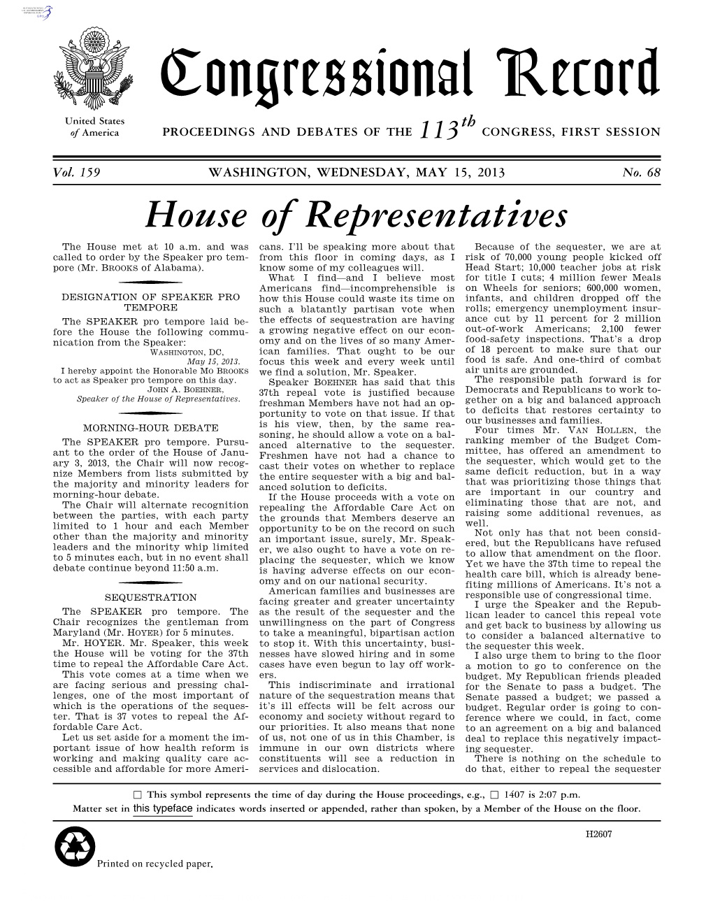 Congressional Record United States Th of America PROCEEDINGS and DEBATES of the 113 CONGRESS, FIRST SESSION