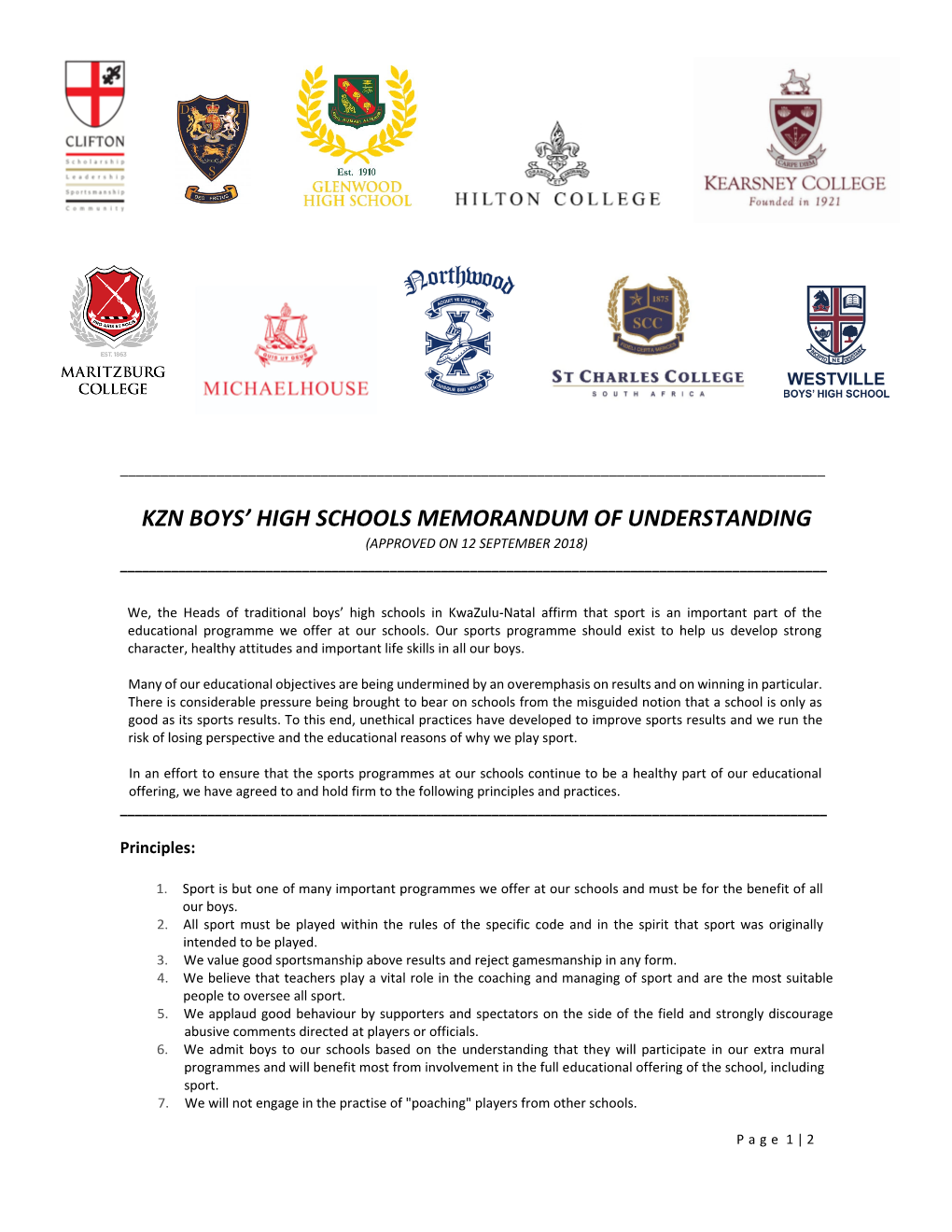 Kzn Boys' High Schools Memorandum Of