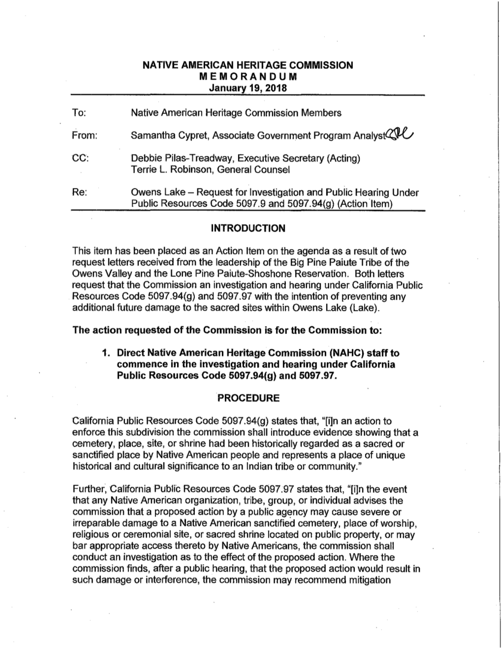 Owens Lake - Request for Investigation and Public Hearing Under Public Resources Code 5097.9 and 5097.94(G) (Action Item)