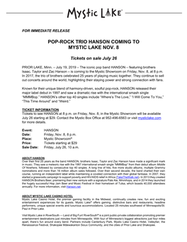 Pop-Rock Trio Hanson Coming to Mystic Lake Nov. 8
