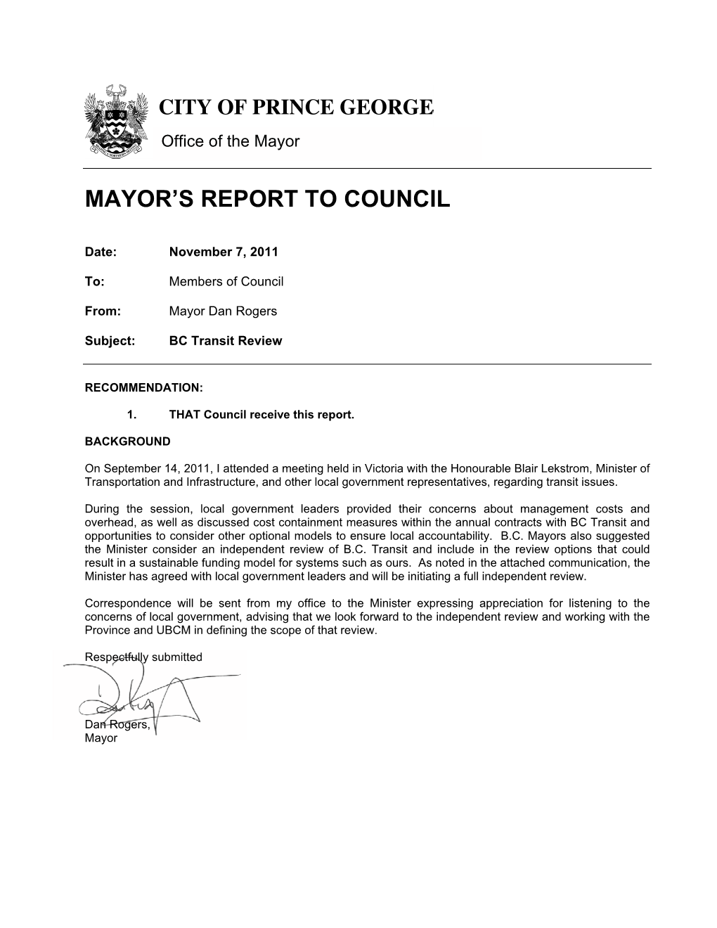Mayor's Report to Council
