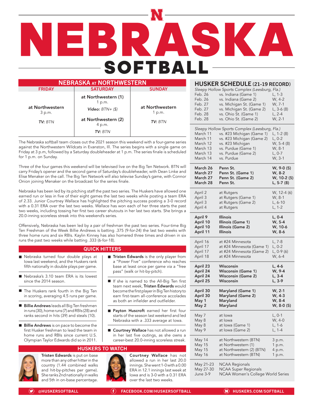 SOFTBALL NEBRASKA at NORTHWESTERN HUSKER SCHEDULE (21-19 RECORD) FRIDAY SATURDAY SUNDAY Sleepy Hollow Sports Complex (Leesburg, Fla.) Feb