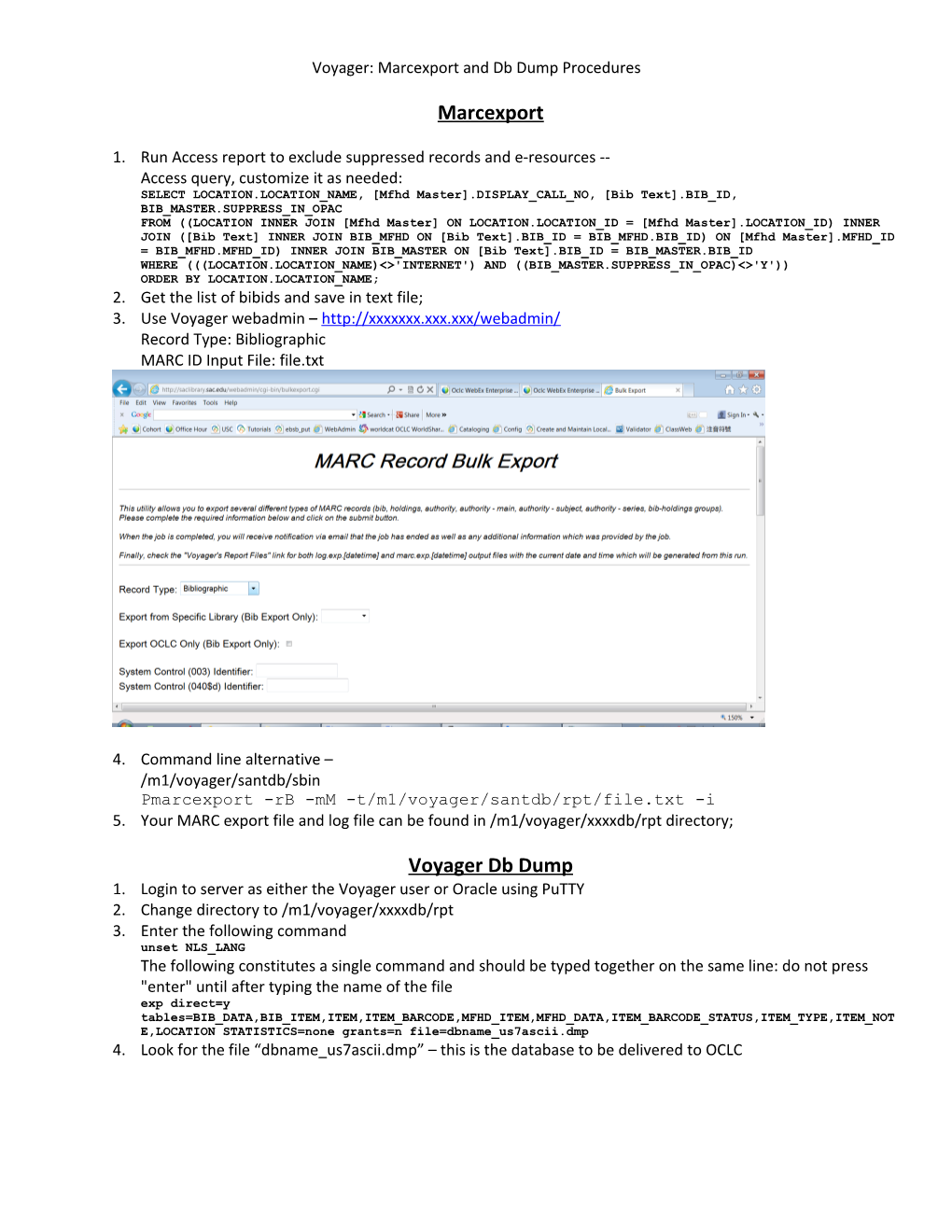Voyager: Marcexport and Db Dump Procedures