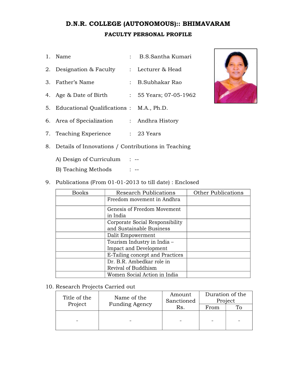 D.N.R. College (Autonomous):: Bhimavaram Faculty Personal Profile