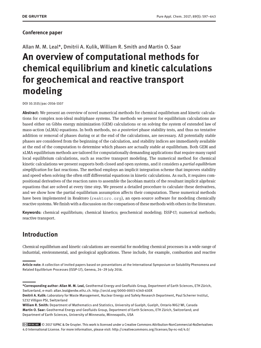 An Overview of Computational Methods for Chemical Equilibrium and Kinetic Calculations for Geochemical and Reactive Transport Modeling