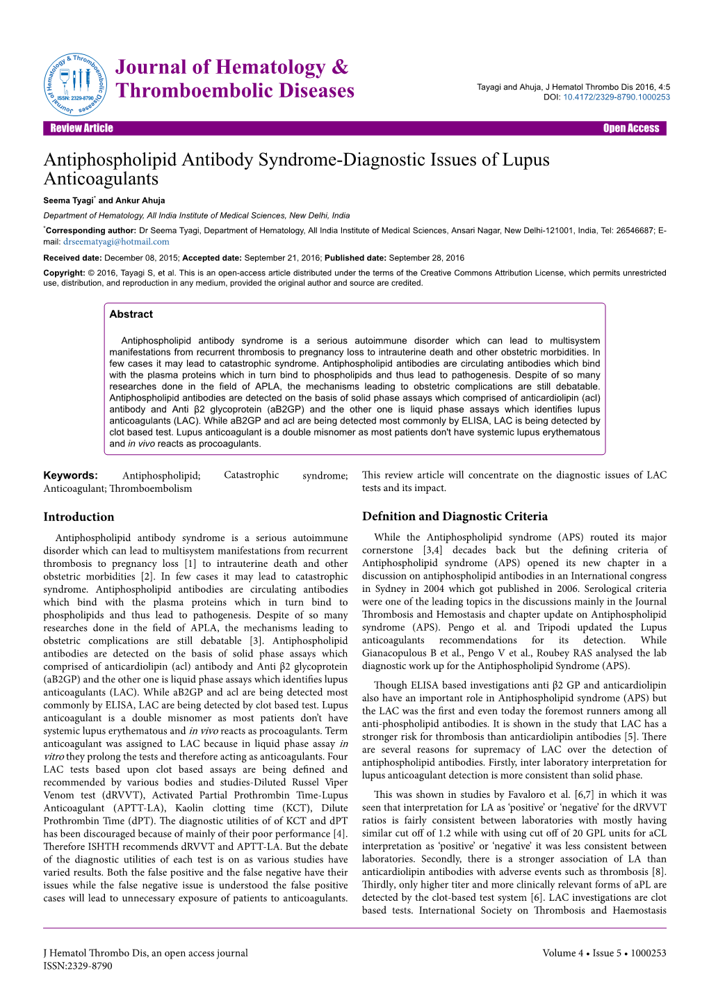 Antiphospholipid Antibody Syndrome-Diagnostic Issues Of