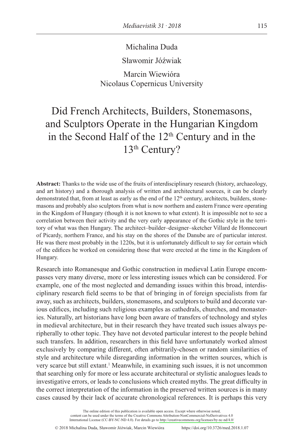 Did French Architects, Builders, Stonemasons, and Sculptors Operate in the Hungarian Kingdom in the Second Half of the 12Th Century and in the 13Th Century?