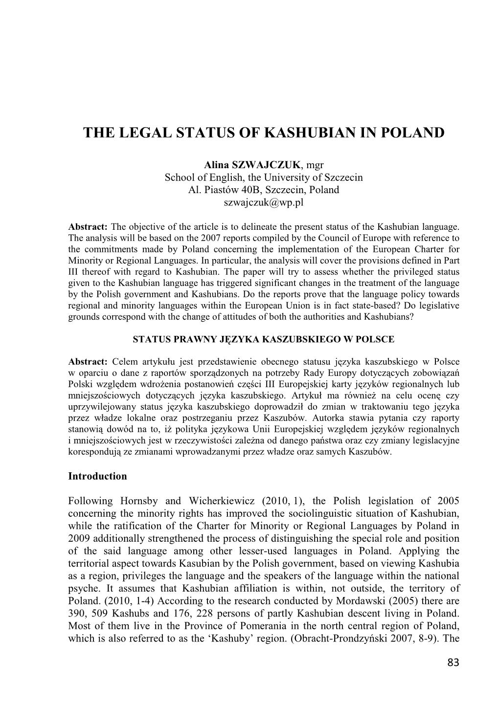The Legal Status of Kashubian in Poland