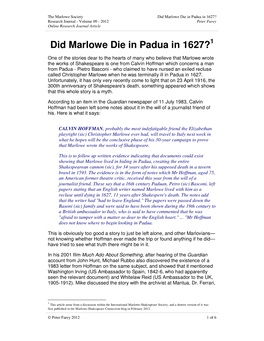 Did Marlowe Die in Padua in 1627? Research Journal - Volume 09 - 2012 Peter Farey Online Research Journal Article